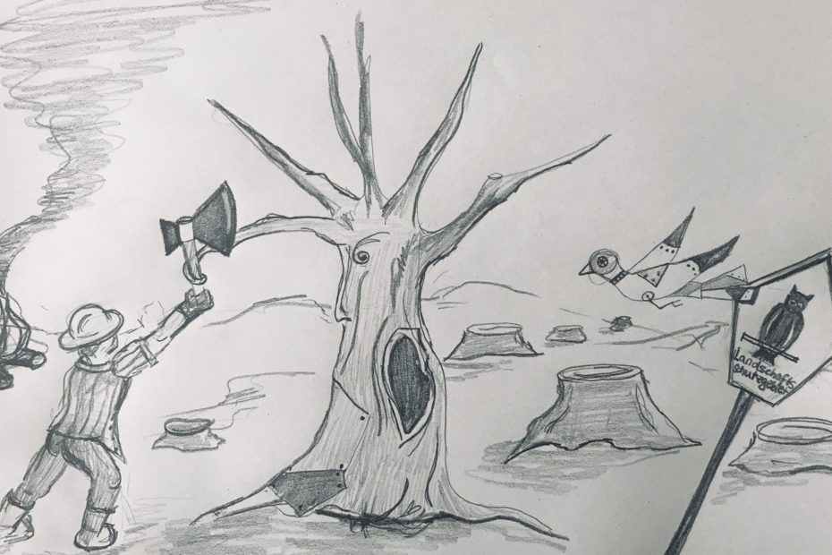 Ein Baum und eine Person mit einer Axt daneben. mit Bleistift gezeichnet.