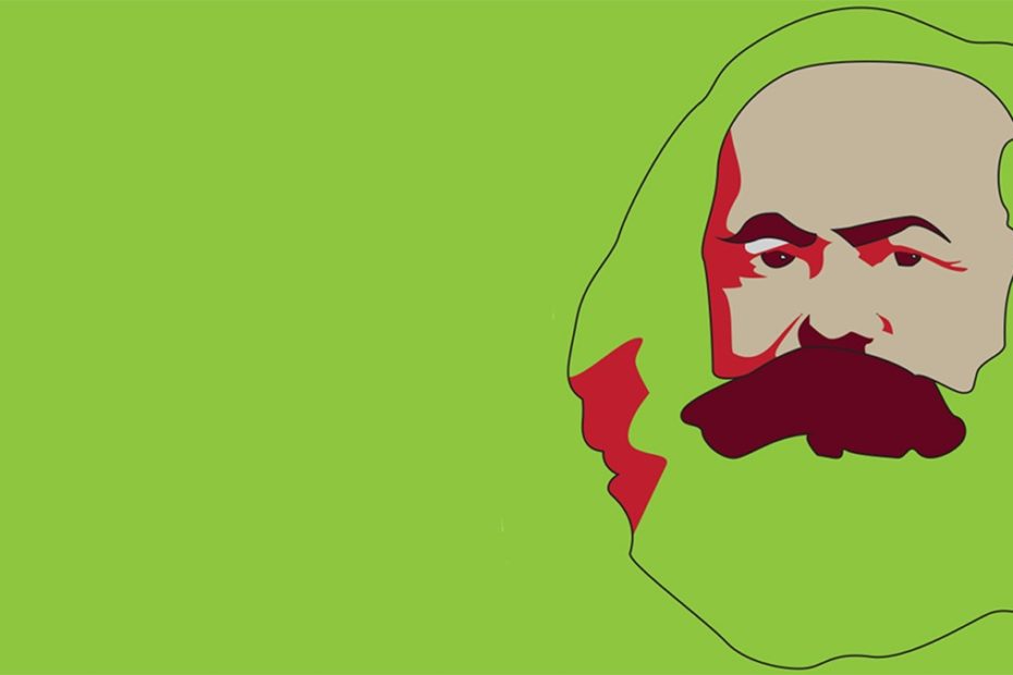 Das Bild zeigt eine gezeichnete Darstellung von Karl Marx Kopf auf grünem Hintergrund